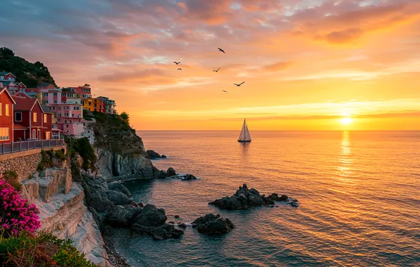 Sea, sunset, the city, rock, sailboat