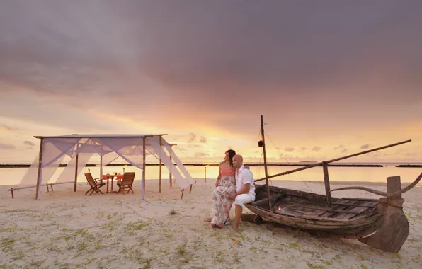 Beach, the ocean, romance, boat, the evening, tent, pair, two