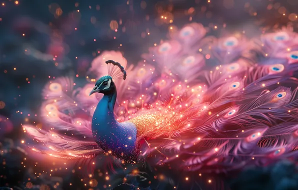 Picture pink, peacock feathers, particle, AI art, peacocks