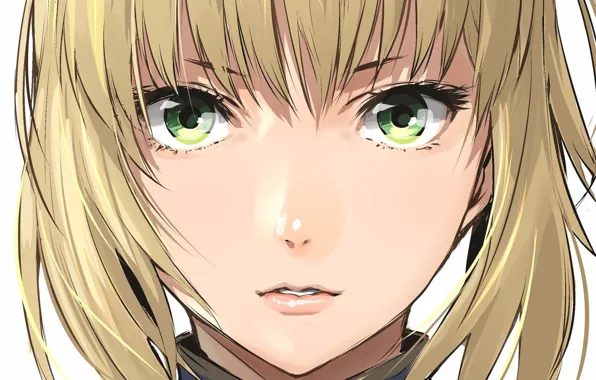 Picture girl, face, hair, anime, art, look. green eyes