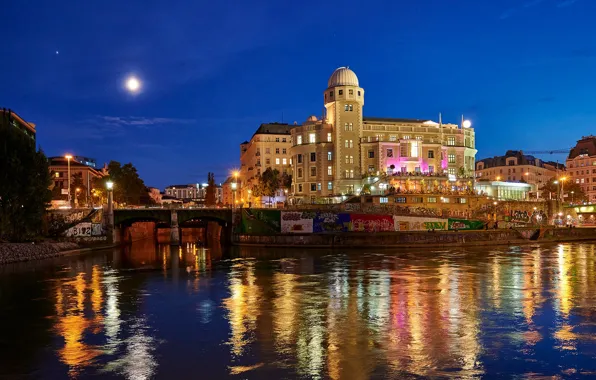 The sky, night, lights, river, the moon, home, stars, Austria