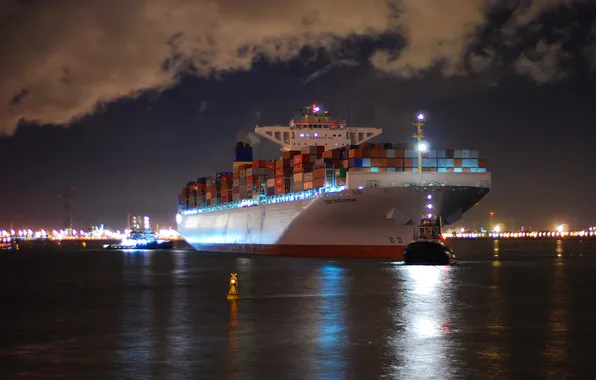 Sea, night, the city, lights, ship, Bui, port, tugs