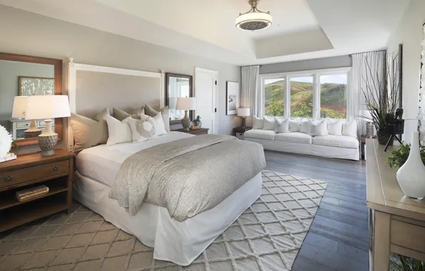 Design, room, bed, pillow, window, mirror, bedroom, lamps