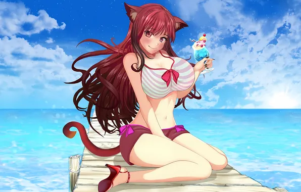 Girl, sexy, game, cleavage, shorts, sky, red hair, long hair