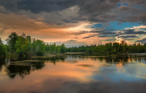 Sunset, lake, horizon
