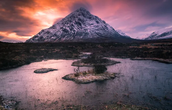 Autumn, clouds, snow, sunset, mountains, lake, shore, mountain