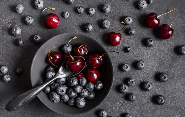 Cherry, berries, blueberries, spoon, bowl, placer, grey background, cherry