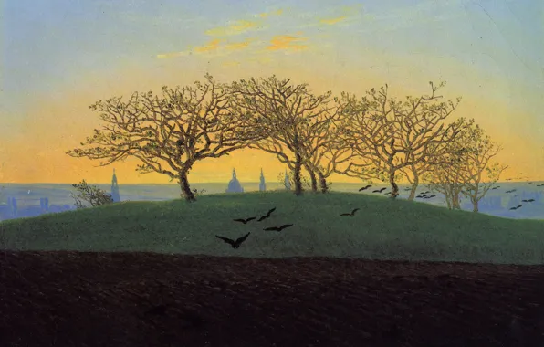 Trees, landscape, birds, picture, Caspar David Friedrich, Hill and Arable Field near Dresden