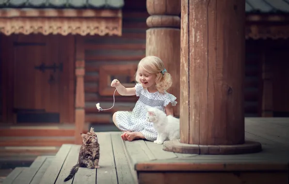 Cat, kitty, the game, laughter, girl, porch