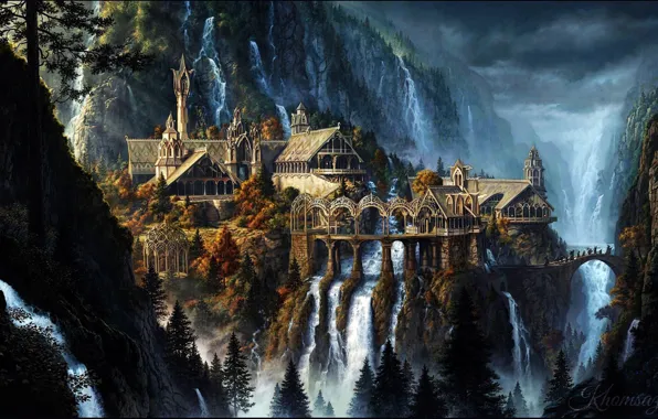 Nature, Mountains, The city, Waterfall, The Lord Of The Rings, Landscape, Architecture, Fiction