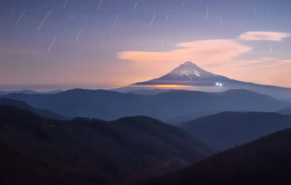 Picture forest, stars, mountains, night, fog, hills, tops, twilight