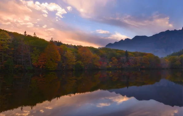 Picture autumn, forest, clouds, trees, landscape, mountains, fog, lake
