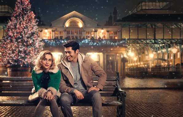 Bench, snowflakes, night, lights, new year, fantasy, pair, tree