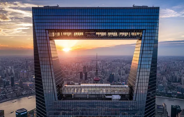 Picture city, China, Shanghai, river, sky, sunset, clouds, skyscrapers