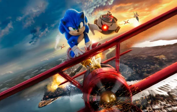 Cartoon, chase, Sonic, Jim Carrey, Jim Carrey, the plane, Sonic, Sonic the Hedgehog 2