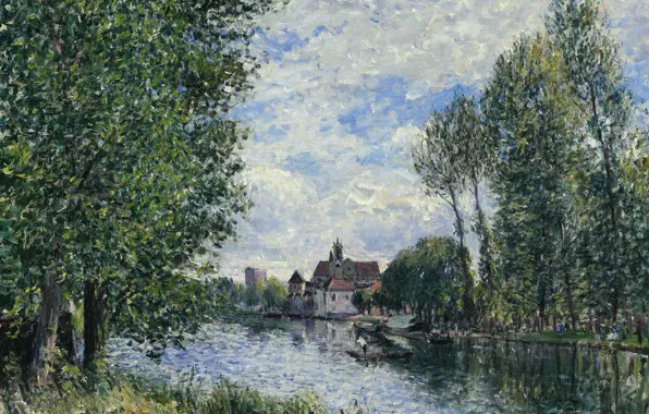 Picture trees, landscape, river, home, picture, Alfred Sisley, Alfred Sisley, The summer in Moret-sur-Luena