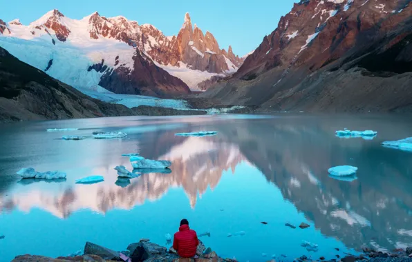 Picture ice, snow, mountains, lake, stones, Argentina, Patagonia, Cerro Torre
