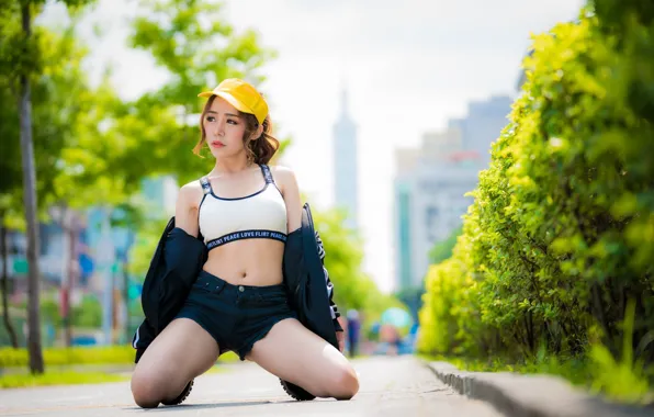 Picture pose, cap, Asian, shrub, bokeh, cute girl, denim shorts, white top