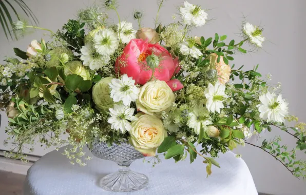 Photo, Flowers, Vase, Roses, Nigella, Bouquets, Peonies Spiraea