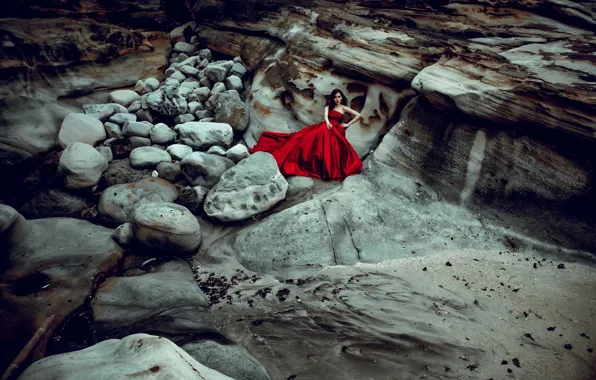 Girl, stones, mood, rocks, Asian, red dress