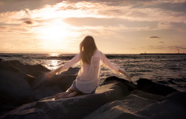 Picture sea, girl, sunset, stones, mood