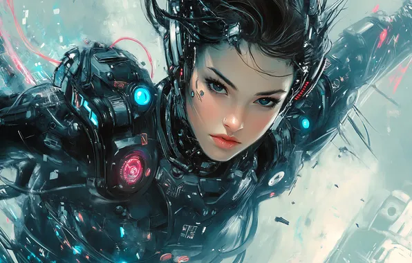 Machine, look, girl, flight, fiction, robot, cyborg, cyberpunk