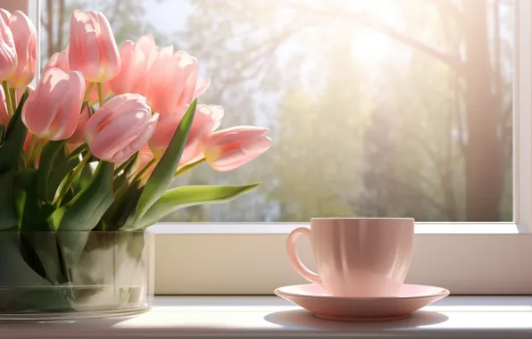 Light, flowers, nature, tea, bouquet, spring, window, mug