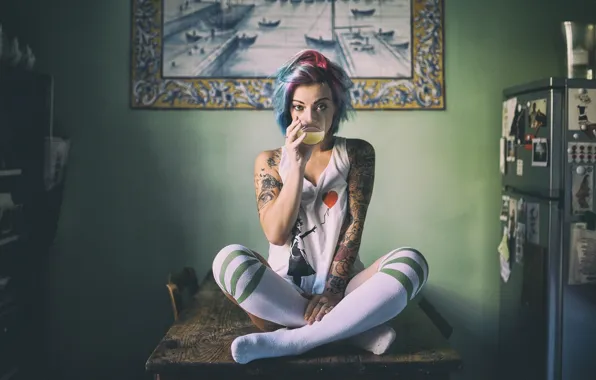 Juice, 1920x1080, Tattoos, blue hair, drinking juice, Knee Highs