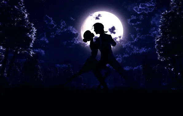Night, the moon, dance, silhouette, art, pair