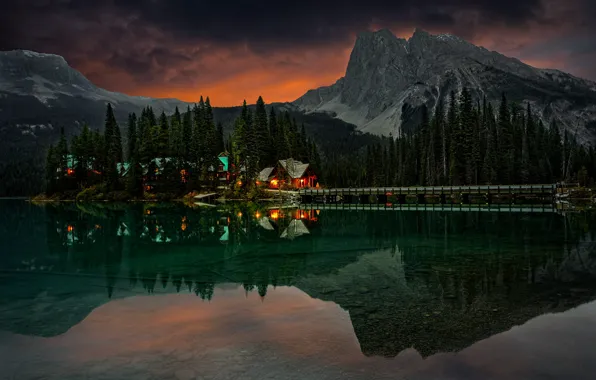 Trees, landscape, mountains, night, nature, lake, reflection, home