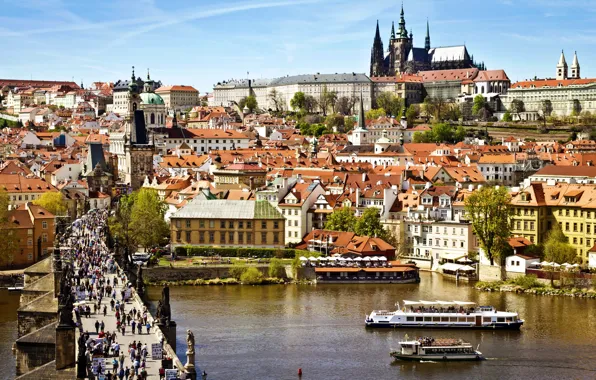 The city, river, people, view, building, home, roof, Prague