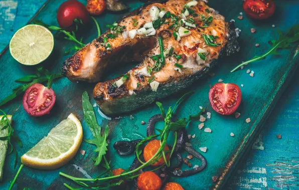 Lemon, fish, vegetables, tomatoes