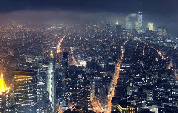 Picture clouds, night, lights, home, New York, panorama, USA, the view from the top