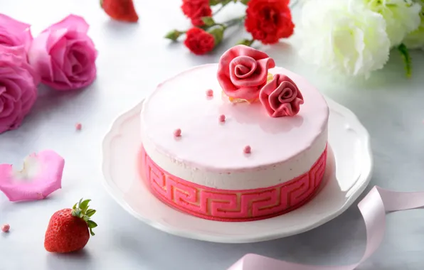 Rose, strawberry, cake, eustoma