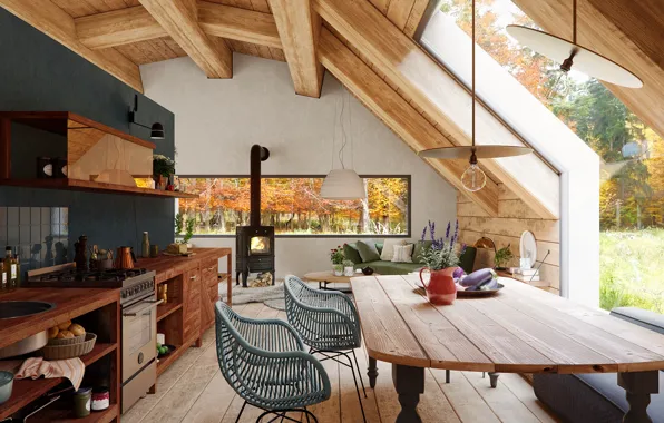 Design, style, interior, kitchen, fireplace, living room, dining room, house in the woods