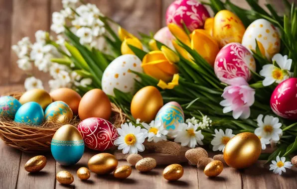 Flowers, eggs, spring, colorful, Easter, happy, flowers, spring