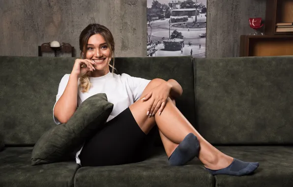 Woman, young, looking, sitting, couch
