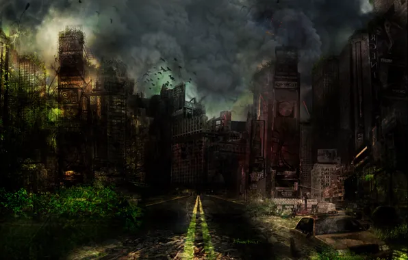 Picture road, the sky, clouds, the city, Apocalypse, smoke, building, art