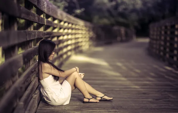 Girl, dress, brunette, Asian, sitting