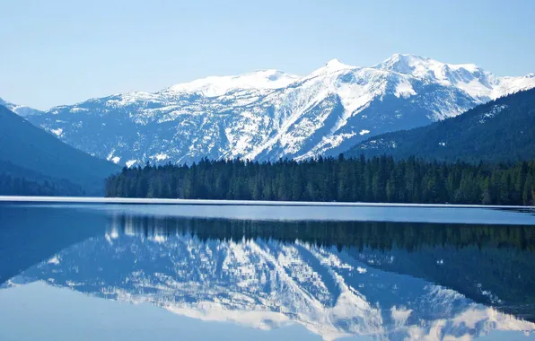 Forest, snow, mountains, nature, lake, reflection, Landscape