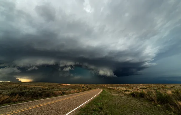 Road, the storm, field, the sky, landscape, clouds, nature, rain