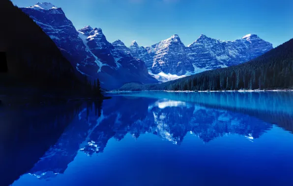 Forest, mountains, lake, twilight, blue background