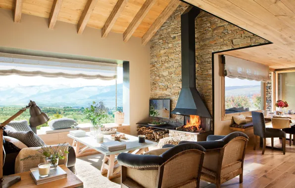 Villa, interior, fireplace, living room