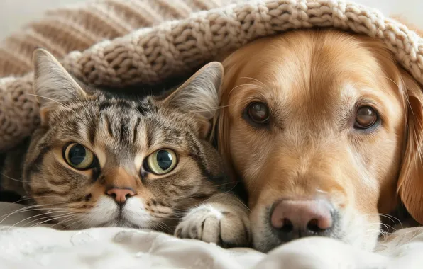 Cat, cat, look, comfort, together, dog, plaid, a couple