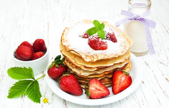 Berries, Breakfast, milk, strawberry, powdered sugar, pancakes, Olena Rudo