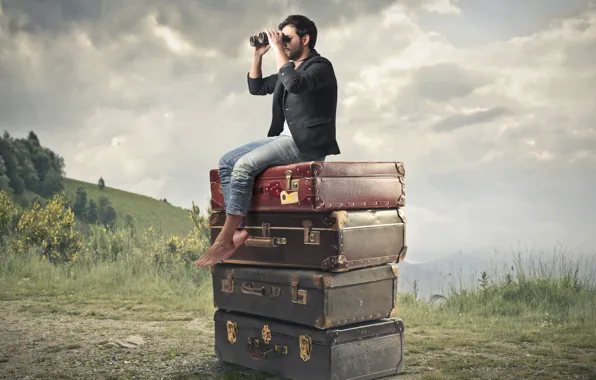 Binoculars, male, suitcases