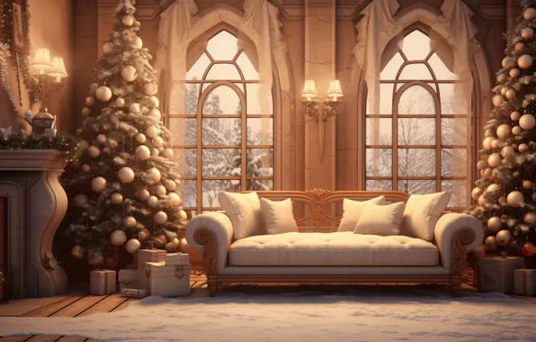 Winter, light, castle, room, sofa, furniture, interior, window