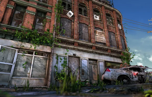 The building, destruction, car, desolation, Ruined City