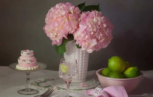 Flowers, style, pink, glass, lime, cake, still life, cake