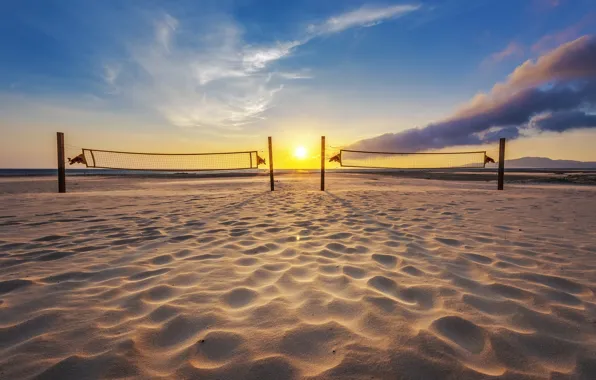 Beach, sunset, volleyball